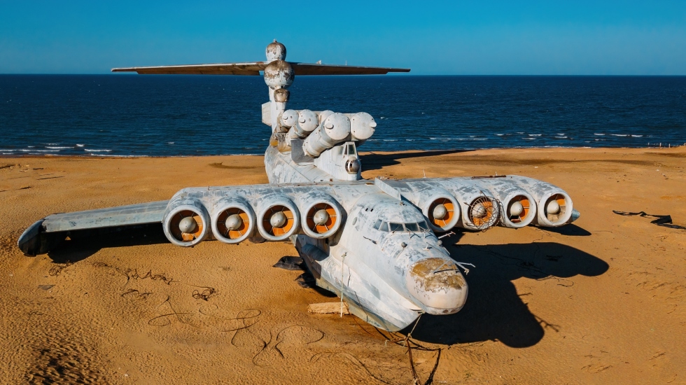 A most unusual war machine larger than a Boeing 747 jumbo jet abandoned on a beach